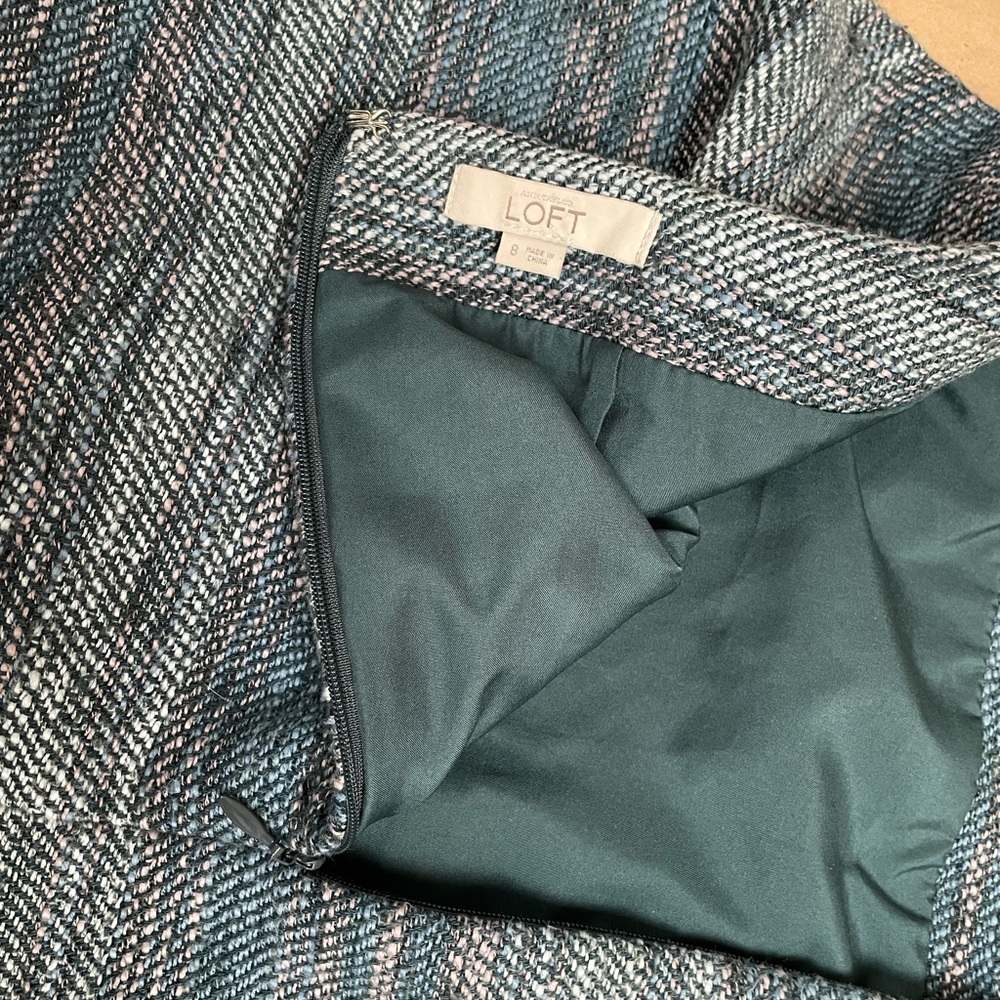 Ann Taylor Loft Womens Tweed Fringe Skirt Size 8 Teal Gray Lined Pockets Zip - Picture 7 of 10